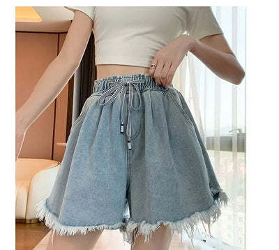 Korean Simplicity High Waist Wide Leg Denim Shorts Fashion Women's Clothing Summer Female All-match Loose Drawstring Shorts