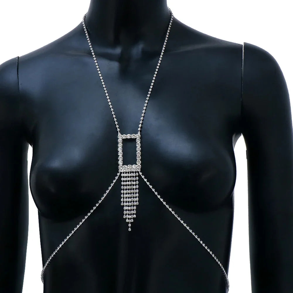 Stonefans Fashion Rhinestone Tassel Chest Chain for Women Sexy Decor Crystal Body Chain Bra Chest Jewelry Clothing Ornament