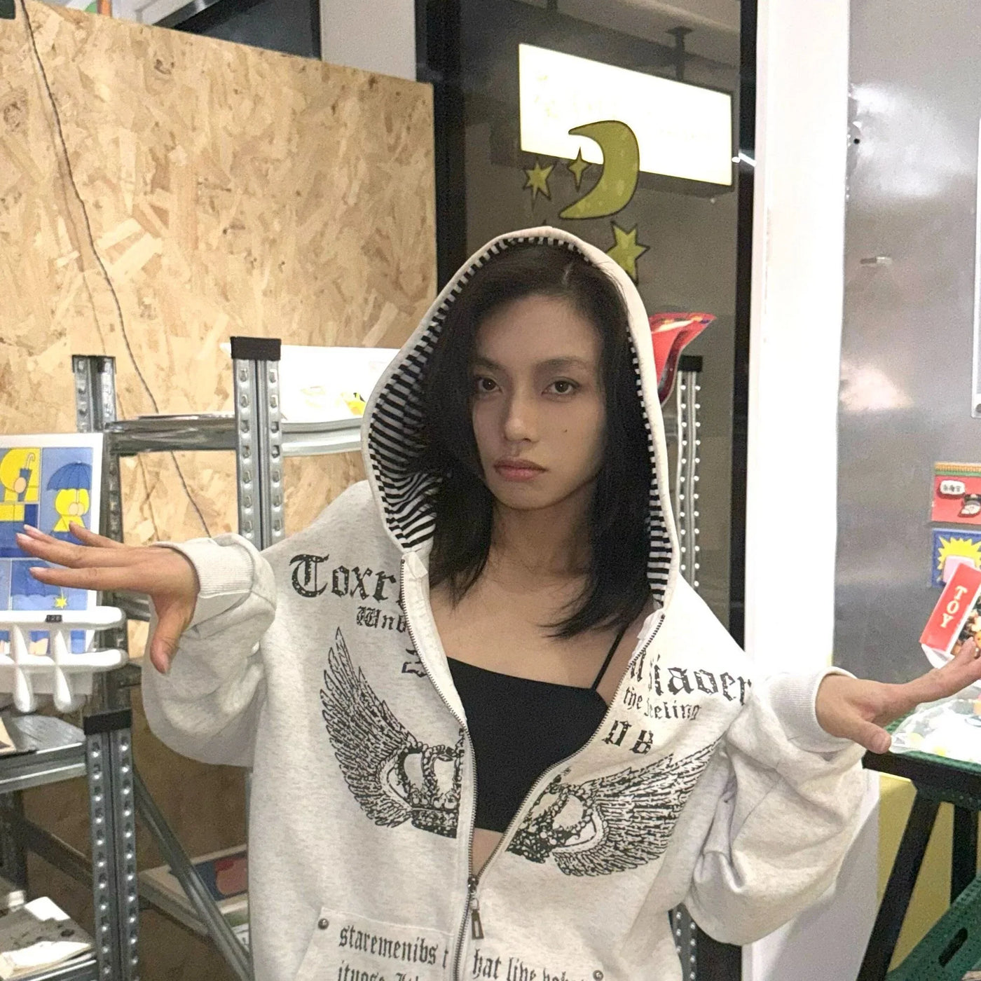 Print Tunic Hooded Y2k Coat Streetwear Fashion Casual Hoodies Tops Ropa Mujer Vintage Sweatshirts 2024 Women's Clothes White