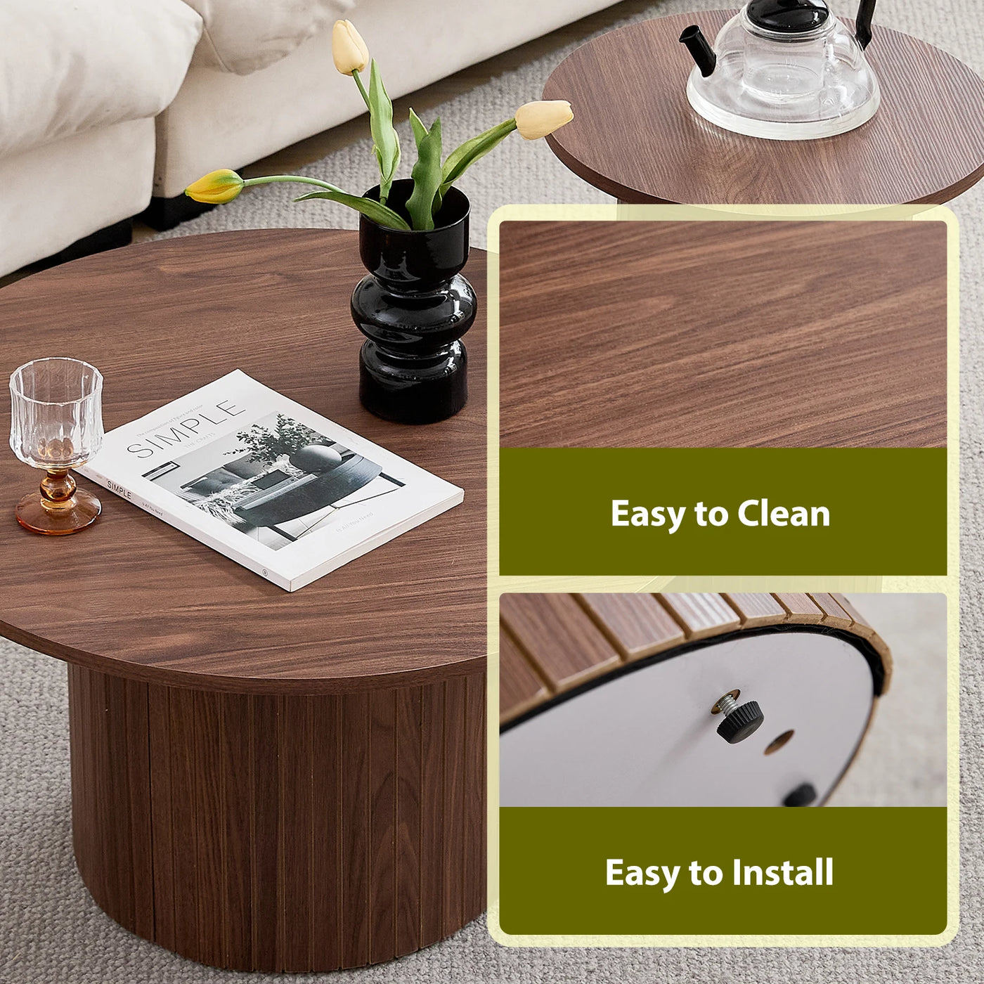 Set of 2 Nordic Style Wooden Round Coffee Table Set, Wooden Nesting Coffee Table, for Living Room/Bedroom Furniture