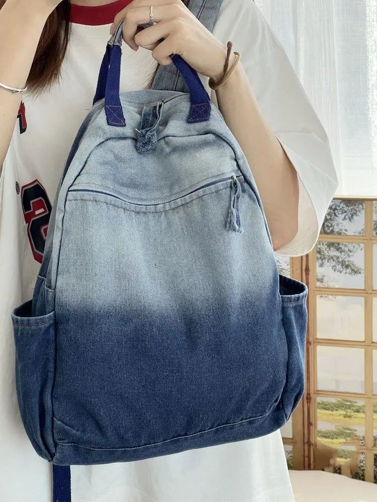 Miyagawa New Niche Korean Version Gradient Washed Denim Backpack Versatile Casual Portable Student Backpacks
