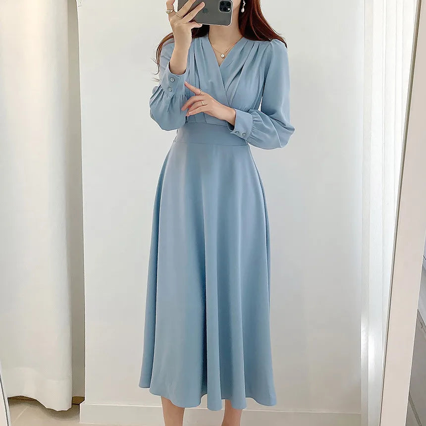 Jielur Harajuku V-neck Puff Sleeve A-line Maxi Dress Woman Solid Color Midi Robe Korean Office Dresses Elegant Spring Dress Lady