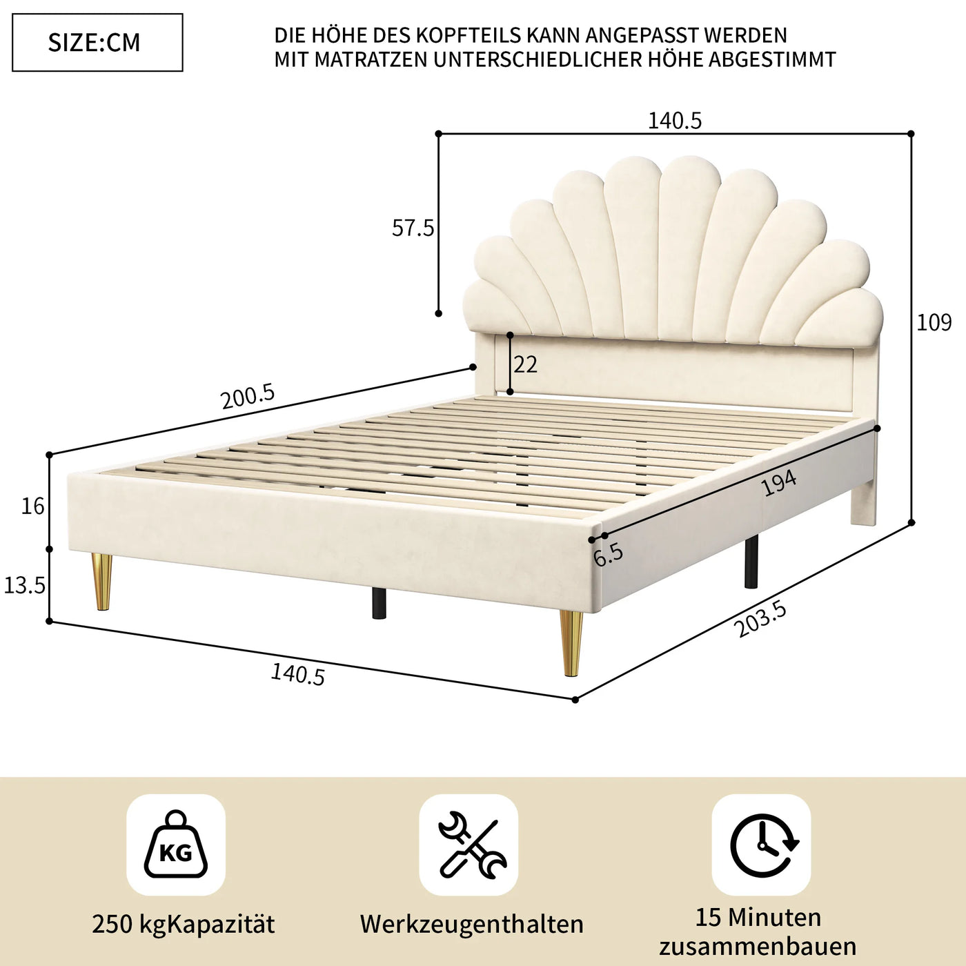 Double bed 140x200 cm, upholstered bed with flower-shaped headboard and slatted frame, stable bed frame, children's bed