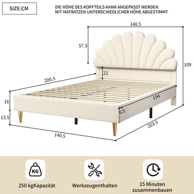 Double bed 140x200 cm, upholstered bed with flower-shaped headboard and slatted frame, stable bed frame, children's bed