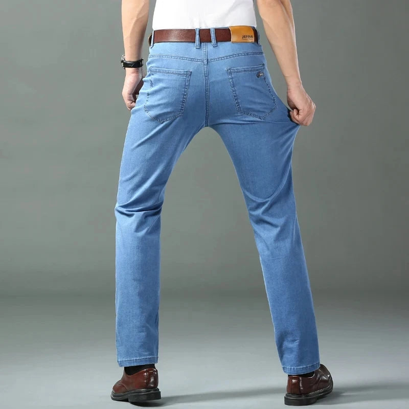Spring/summer Thin Denim Straight Cotton Stretch Jeans Men Business Casual Cloth High Waist Ice Silk Lightweight Trousers