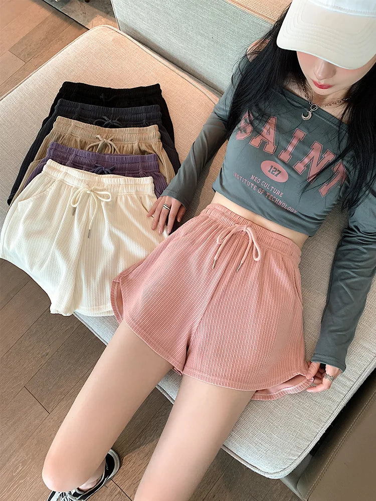 Women's Waffle Shorts sports shorts summer new Korean loose high waist wide leg pants wear women's clothing