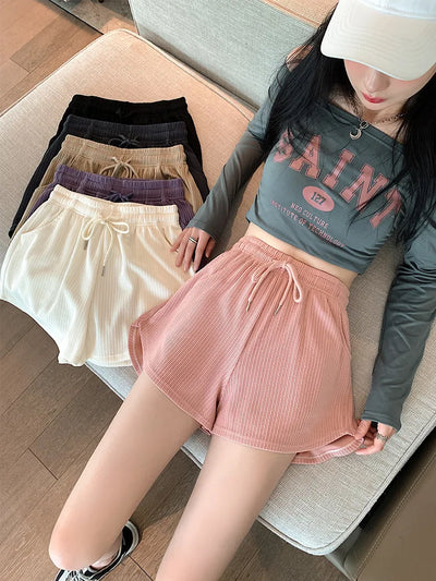 Women's Waffle Shorts sports shorts summer new Korean loose high waist wide leg pants wear women's clothing