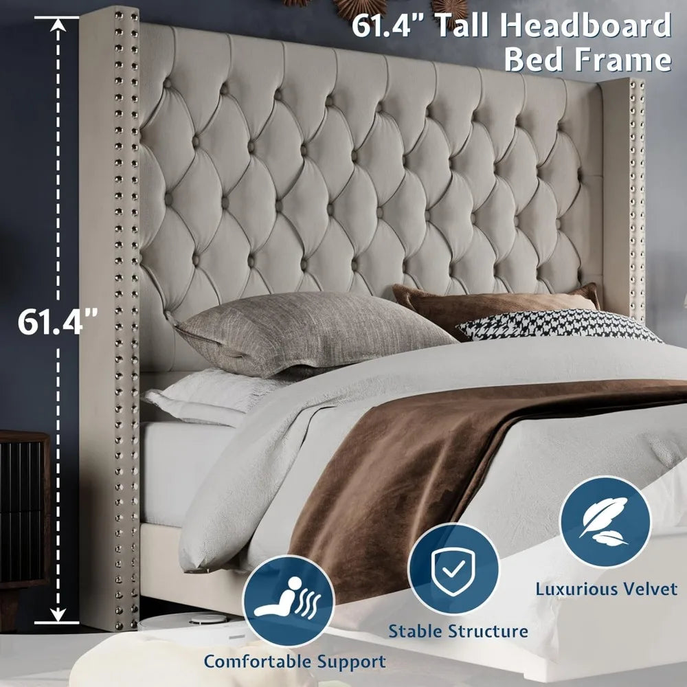 Queen Size Velvet Wingback Bed Frame with 61.4" High Headboard, Handcrafted Pleats and Deep Platform Design