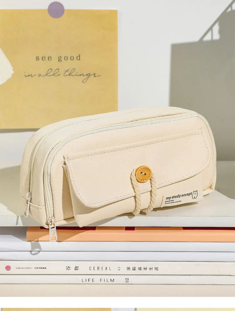 Cute And Convenient Canvas Pencil Case Large Opening Capacity for Student Supplies Cosmetics Travel Handbag 1pc