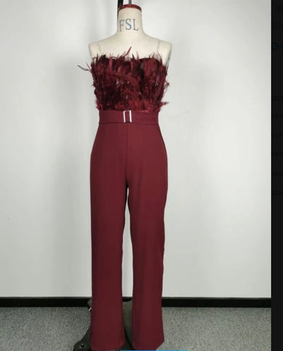 Jumpsuit Women Elegant Long Jumpsuit Strapless Slash Neck Feather Tube Top Sexy Fashion Party Night Evening Jumpsuit 2021 Summer