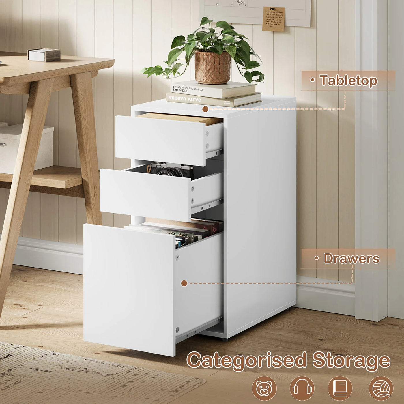 Bedside Table Solid Wood Bedside Cabinet Filing Cabinet with 3 Drawers Modern Wooden Sofa Table for Bedroom Living Room