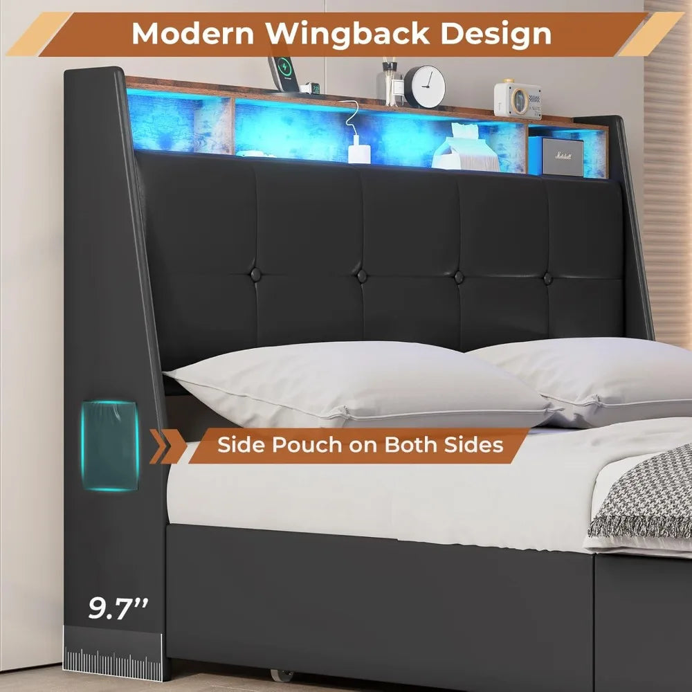 MSmask Full Black Platform Bed with Storage, LED Lights, USB Ports, 4 Drawers, Wingback Headboard - Modern Style, No Box Spring