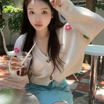 PTKPCC New Autumn Colourful Applique Flower Cardigan for Women Cute Long  V-neck Knit Crop Sweater Girl Soft Knitwear