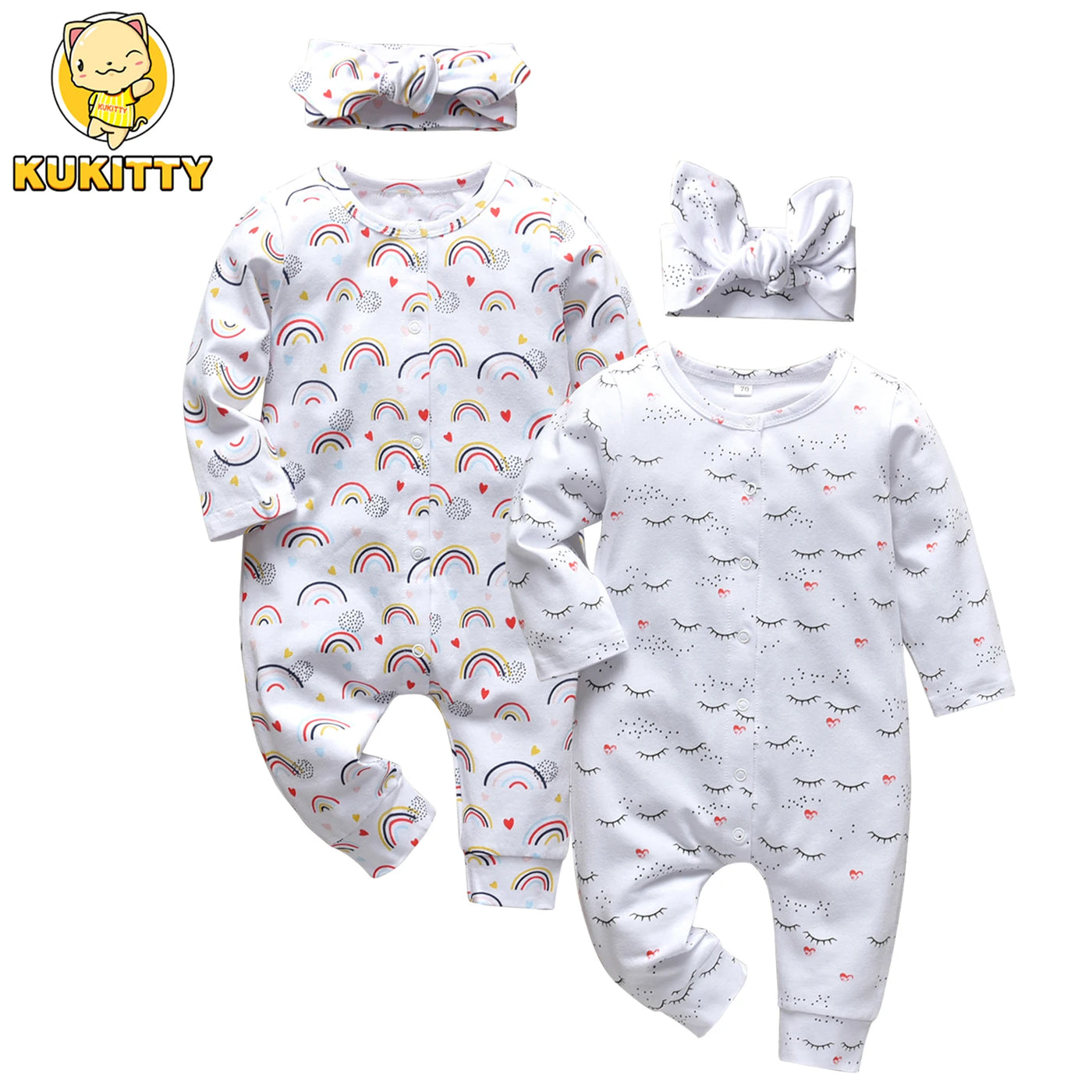 2pcs Infant Baby Girls Clothes Fashion Printed Cotton Long Sleeve Romper Jumpsuit with Headband Newborn Clothing for 0-18month