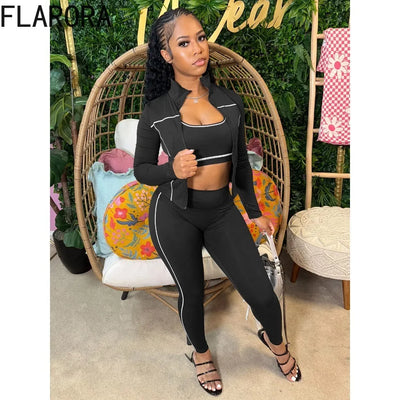 FLARORA Casual Sporty Three Piece Sets Woman Stripe Patchwork Sleeveless Vest+Jacket+Pant Outfits Female Yoga Fitness Tracksuits