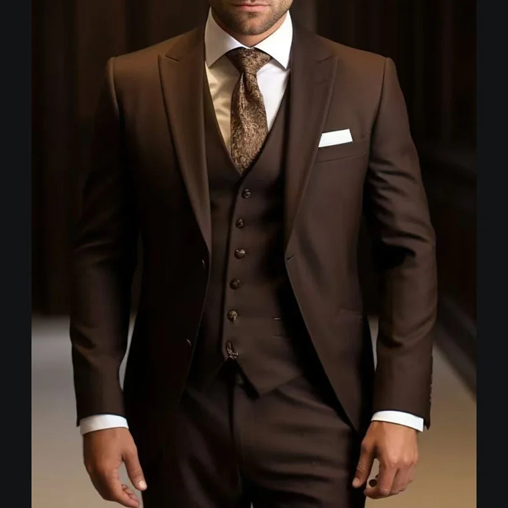 High Quality Slim Fit Brown Men Suits for Wedding Outfits Single Breasted Peak Lapel Skinny 3 Piece Jacket Pants Vest Costume