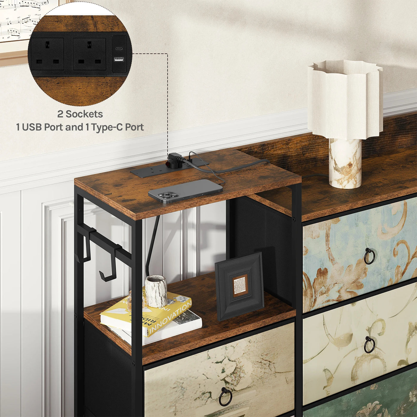 Chest of Drawers with 8 Fabric Drawer Sideboard Storage Cabinet for Kitchen Office with Charging Sockets Steel Frame 132x88x30cm