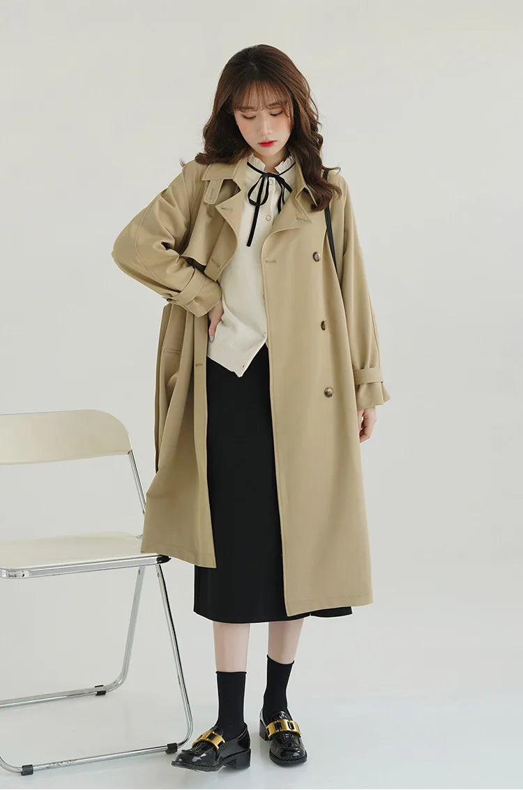 Women Spring Fall Short Trench Coat Korean Style Loose Fit Casual Khaki Jacket Petite-Friendly Versatile and Stylish Outerwear
