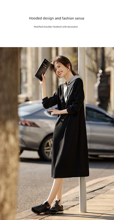 Xwi Xin Not Contrast Color Patchwork Hoodie Dress Female 2024 Autumn Simplicity Generous Slimming Elegant Long Dress