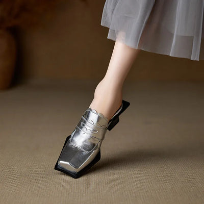 NEW Summer Women Mules Genuine Leather Shoes for Women Square Toe Chunky Heel Shoes Cover Toe Slingback Sandals Modern Slippers