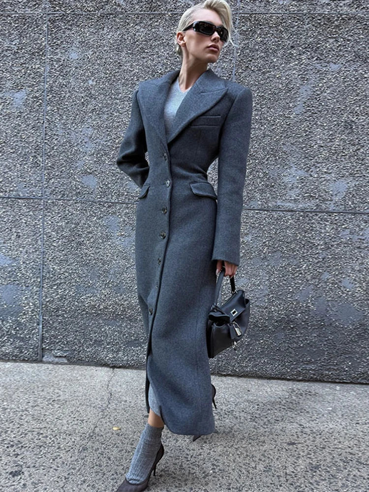 Woolen Burgundy Long Blazer Coat Women Single Breasted Notched Loose Long Sleeve Shoulder Pads Thicken Suit Jacket Female Office