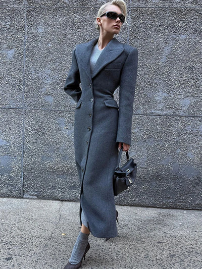 Woolen Burgundy Long Blazer Coat Women Single Breasted Notched Loose Long Sleeve Shoulder Pads Thicken Suit Jacket Female Office