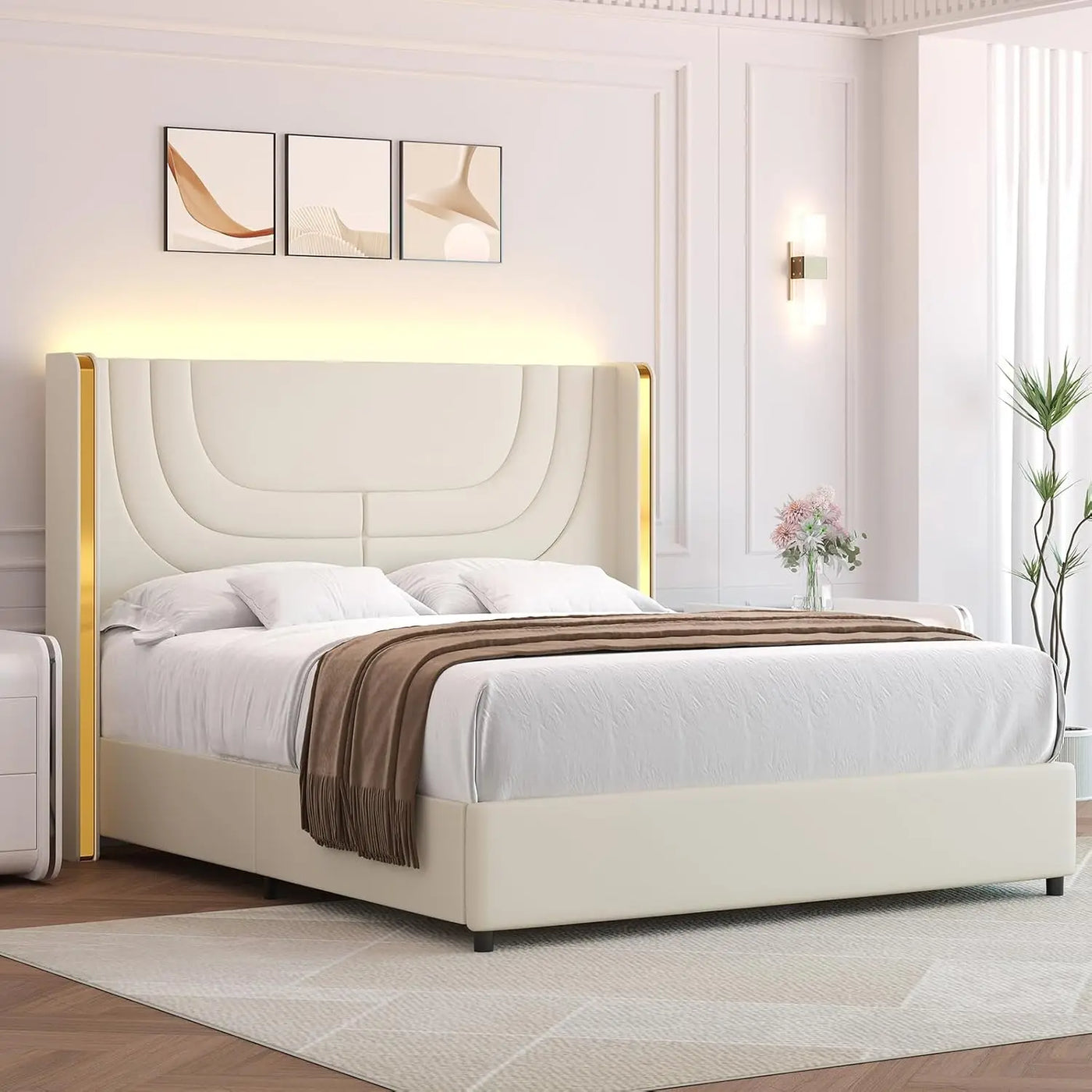 Queen Bed Frame with LED Lights, Faux Leather Upholstered Platform with Silver Wingback Headboard, Modern Style