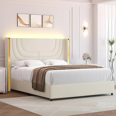 Queen Bed Frame with LED Lights, Faux Leather Upholstered Platform with Silver Wingback Headboard, Modern Style