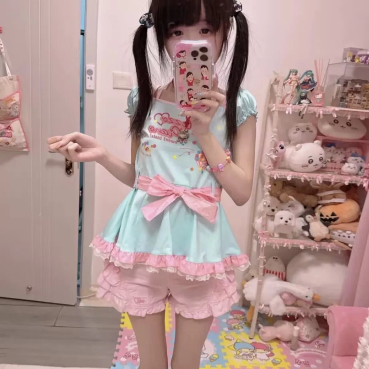 Japanese Kawaii Print Lolita T-Shirts Women Y2k Cute Tees Summer Sweet Bow Halter Neck Bandage Short Sleeve Cotton Tops