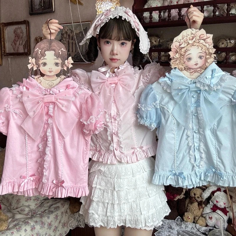 Japanese Lolita Shirts Vintage Elegant Women Classical Sweet Short Sleeve Blouse Ruffles Bow Casual Y2k Crop Tops Gothic Blusas