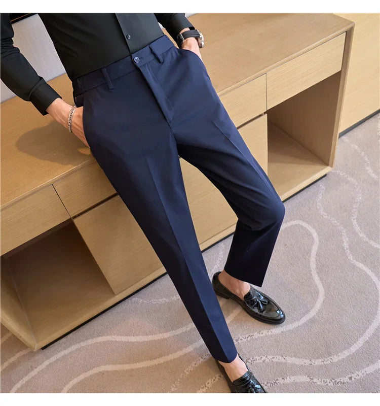 High End Elastic Waistband Suit Pants for Men Embroidered Business Casual Pants Solid Colror Versatile Social Office Trousers