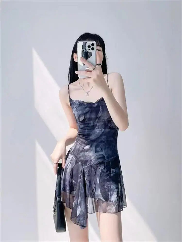 Women Print Mesh Mini Dress Streetwear Chic Sexy Backless Sleeveless Lace Up Cross Dresses A-line Vintage Holiday Y2k Clothing