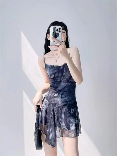Women Print Mesh Mini Dress Streetwear Chic Sexy Backless Sleeveless Lace Up Cross Dresses A-line Vintage Holiday Y2k Clothing