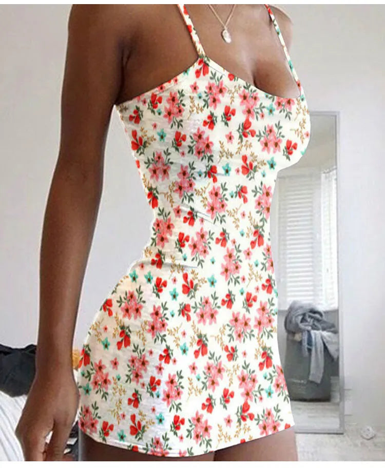 Plus Size Dresses Summer New Print Backless Slip Dress Women's Sexy Slim Floral Dress Mini Dresses Package Buttocks Short Skirt