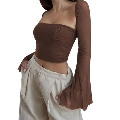 Xingqing 2 Piece Outfit Women Tube Top with Shrug Off Shoulder Sleeveless Vest and Flared Cardigan Shrug y2k Clothes Streetwear