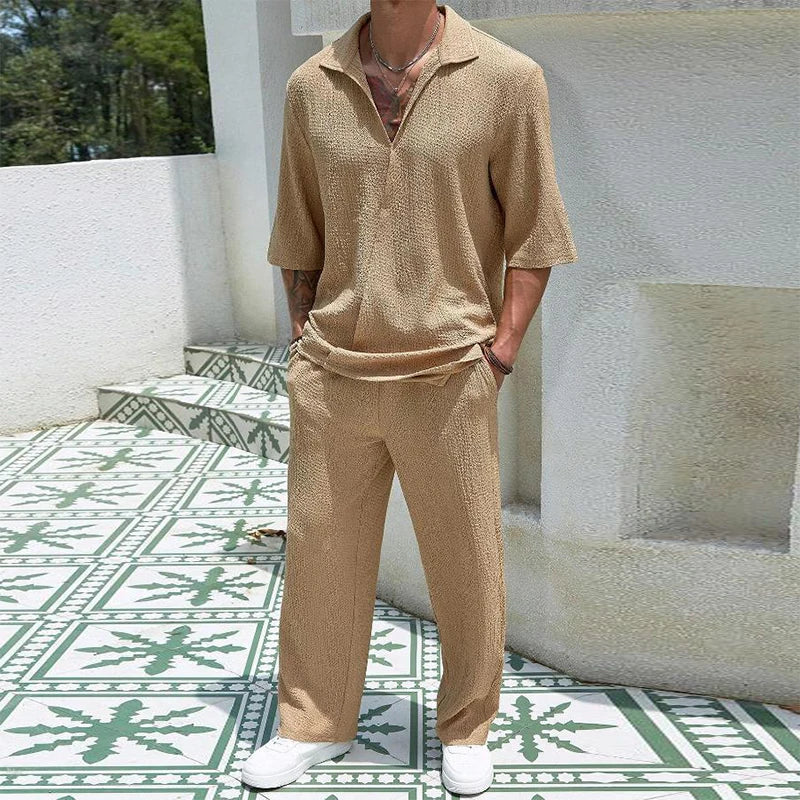 2024 Spring Summer Casual Cotton Shirts And Pants Suits Men Vintage Half Sleeve Irregular Cardigan Two Piece Sets Mens Outfits
