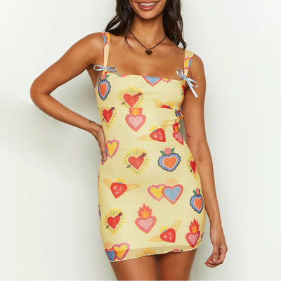 Women's Summer Bodycon Dress Sleeveless Square Neck Heart Print Mini Dress Tie Back Dress