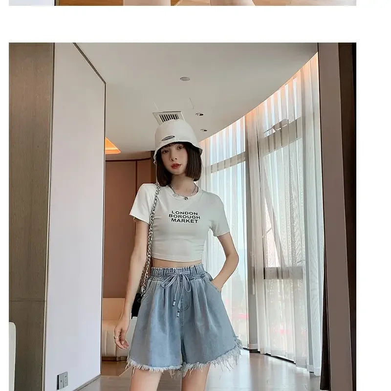 Korean Simplicity High Waist Wide Leg Denim Shorts Fashion Women's Clothing Summer Female All-match Loose Drawstring Shorts