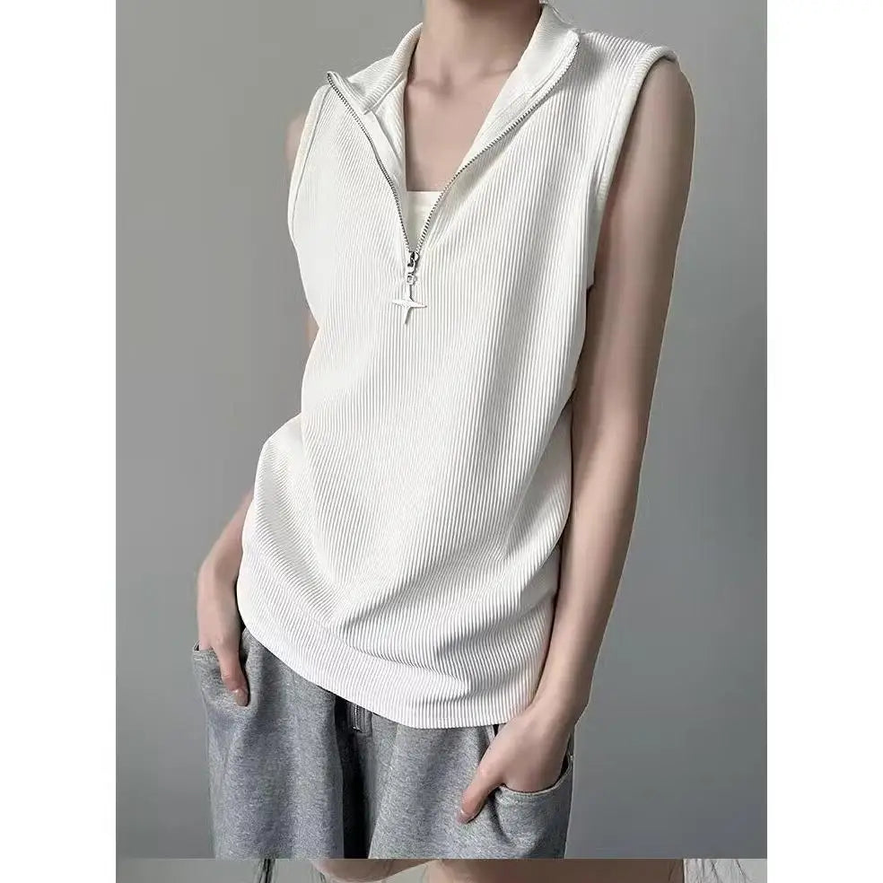 Gothic Tank Top Men and Women Harajuku Punk Vintage Stand Neck Zipper Streetwear Sleeveless Tanks Y2k Aesthetic Solid Camisoles