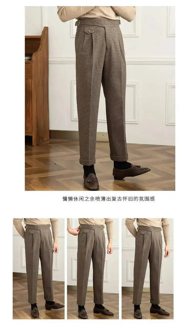 2023 Autumn Winter Men's Warm Retro Straight Trouser Male Casual British High Waist Pants Office-trousers Dress Pant Trousers
