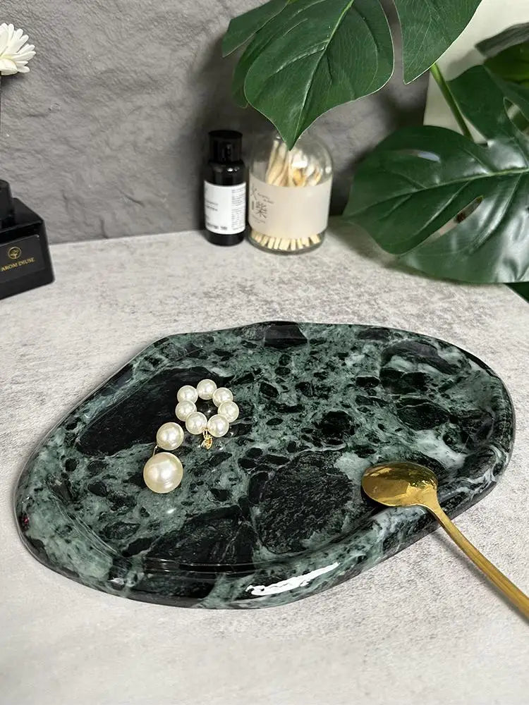 Luxury Green Marble Oval Tray: Bathroom Organizer & Fruit Serving Platter, Waterproof Stone Decor for Hotel Spa Home Kitchen