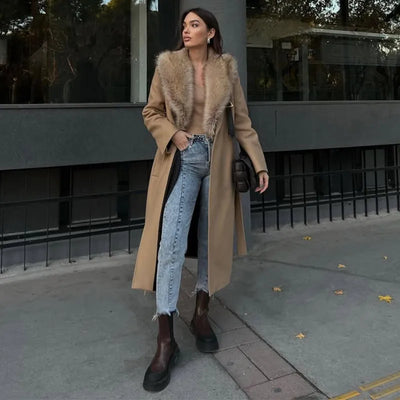 Elegant Fur Lapel Long Coat Women With Belt Woolen Full Sleeve Lace Up Loose Thicken Overcoat 2025 Spring Solid Pocket Outwear
