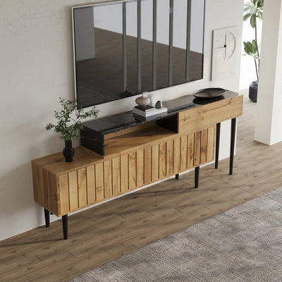 Lazyspace Modern TV Stand with Marble and Wood Grain, TV Cabinet with Iron Legs, Wooden TV Stand with Storage Space