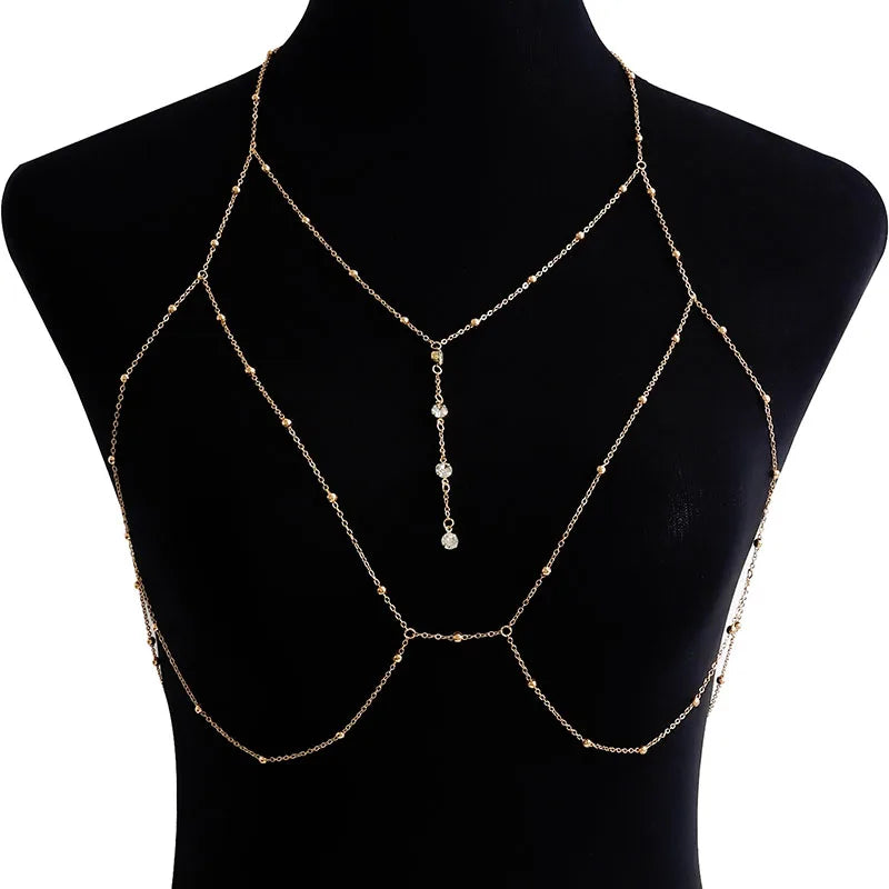 Shining Zircon Tassel Sexy Beach Wedding Accessories Women Bra Cross Bikini Within Hollow Out Body Chain Fine Chest Chain Girl