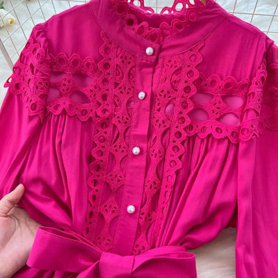 Elegant Long Maxi Hollow Out Dress Shirt Women Summer Autumn Palace Retro Pearl Button Embroidery Crochet Evening Party Vestidos