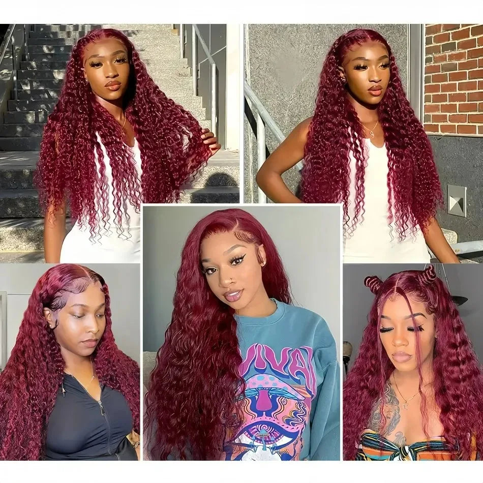 Curly 99J Burgundy 30 Inch Deep Wave 13x4 Lace Front Wig Wet And Wavy Red Colored wigs HD Lace Frontal 100% Human Hair Wigs