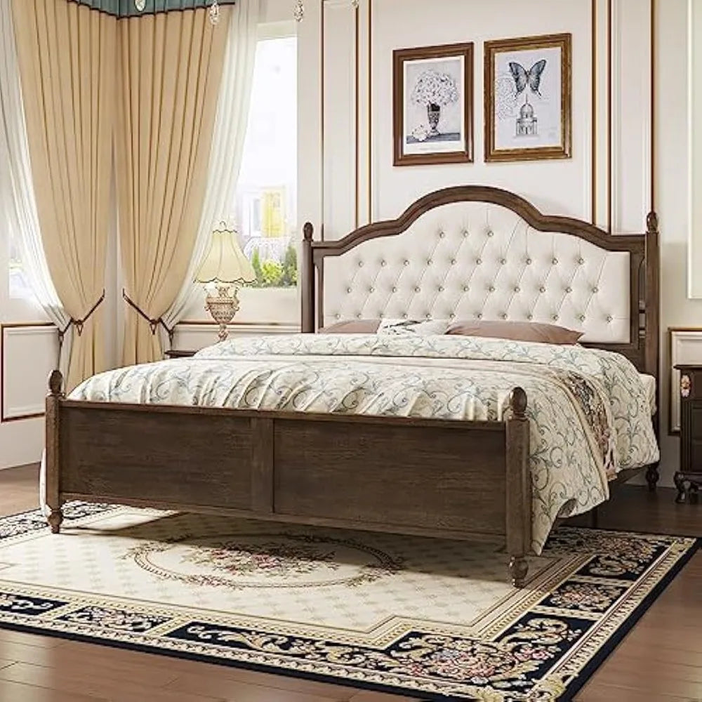 King Size Wood Bed Frame with Upholstered Headboard, Solid Wood Platform Bed with Linen Tufted, No Box Spring Needed
