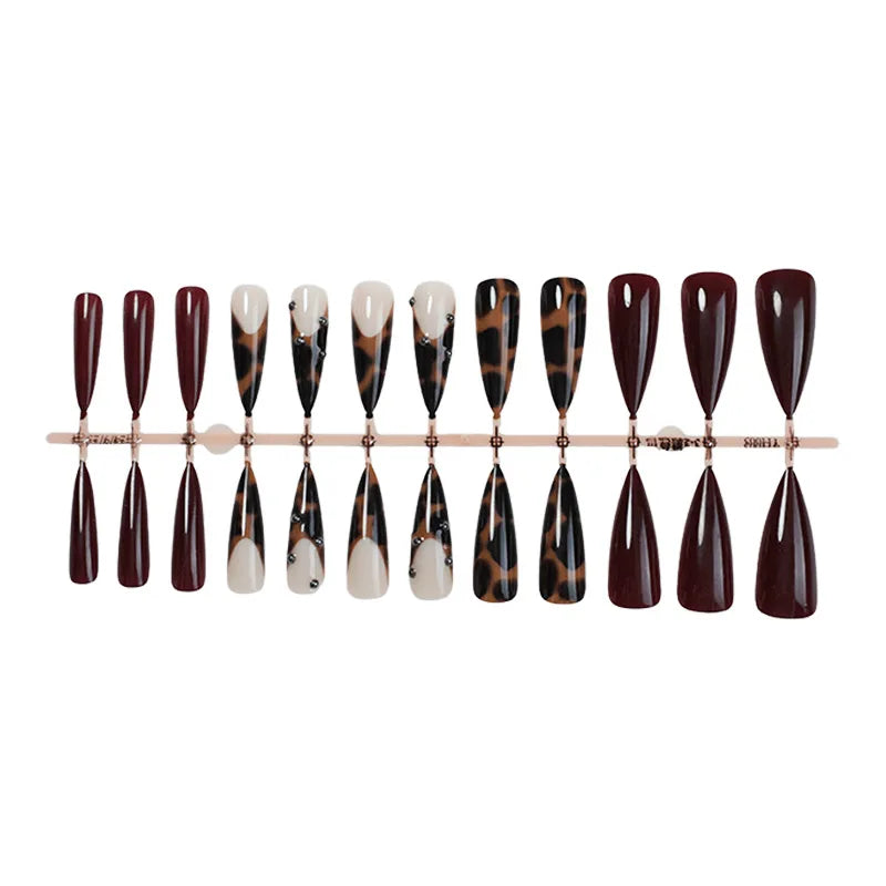 24Pc Leopard Print French False Nails Long Stiletto Press on Nails with Steel Ball Fake Nail Sweet Cool Detachable Nail Tips Art