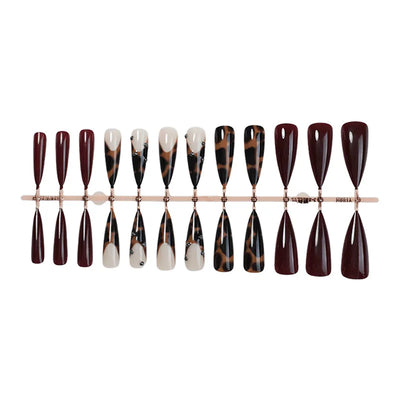 24Pc Leopard Print French False Nails Long Stiletto Press on Nails with Steel Ball Fake Nail Sweet Cool Detachable Nail Tips Art