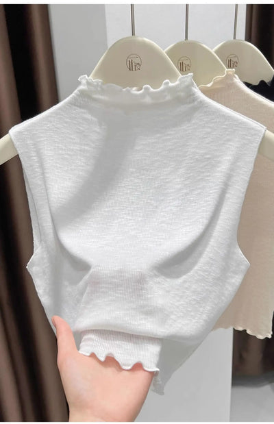 2025 Ruffled Knitted Top Women Y2K Tank Top Half Neck Vest Female Sleeveless Sweater Chic Soft Streetwear Solid Skinny Tube Top